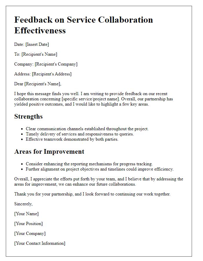 Letter template of feedback for service collaboration effectiveness