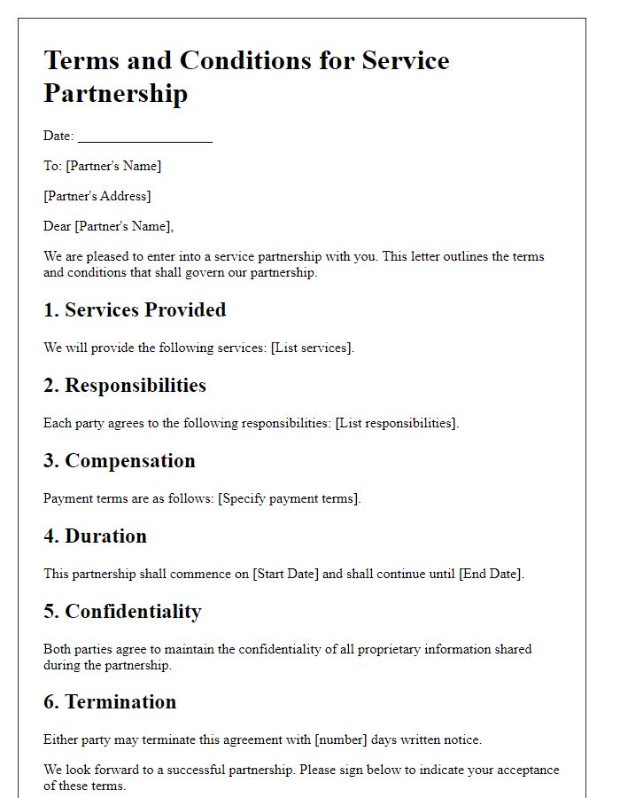 Letter template of terms and conditions for service partnership