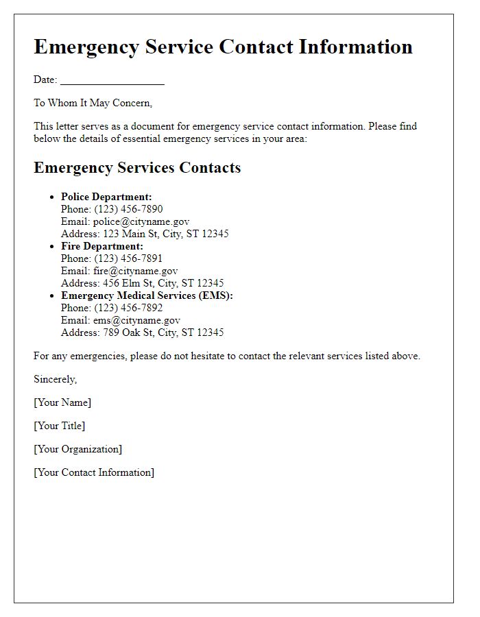 Letter template of emergency service contact information