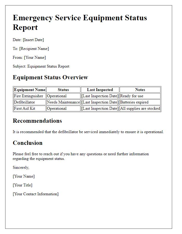 Letter template of emergency service equipment status