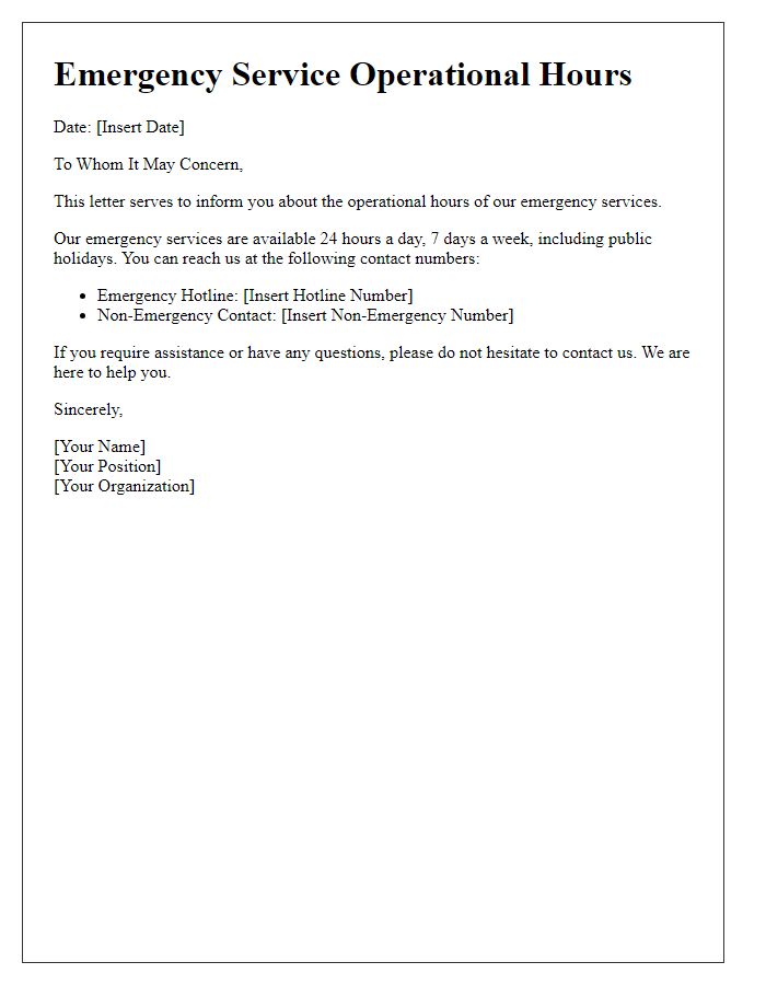 Letter template of emergency service operational hours