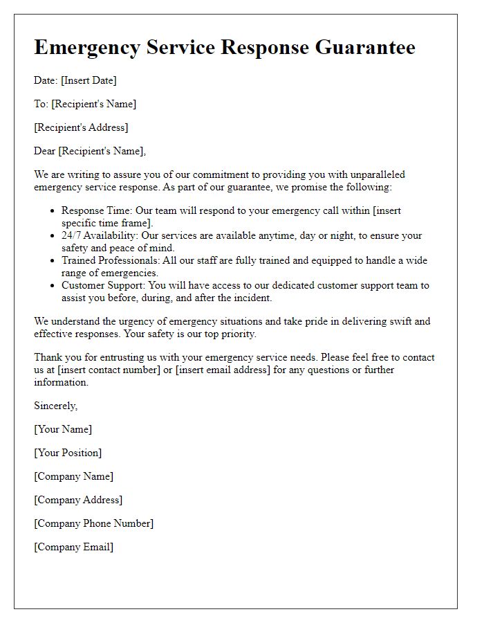 Letter template of emergency service response guarantee