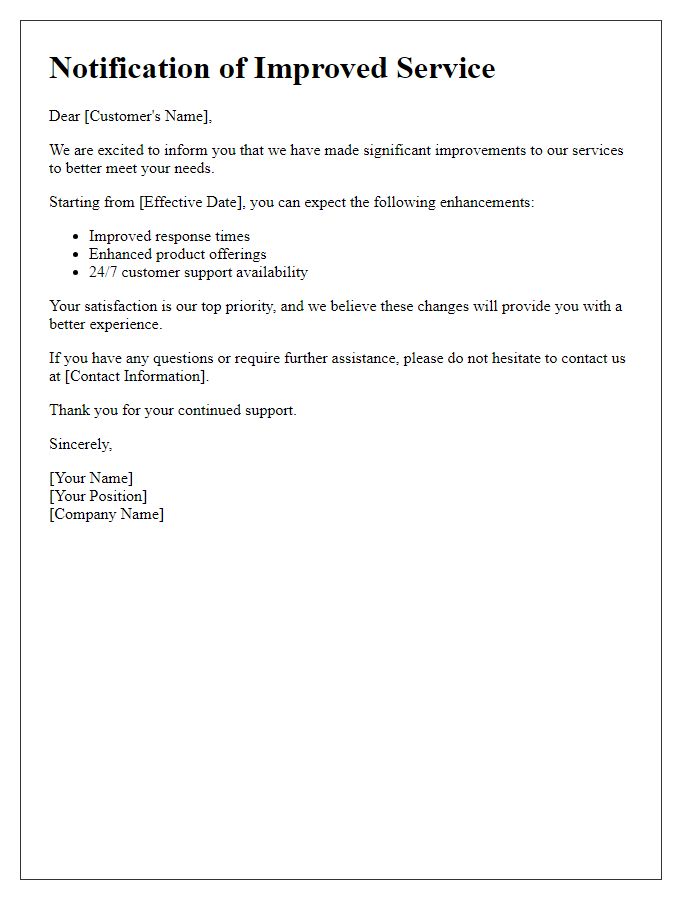 Letter template of improved service notification