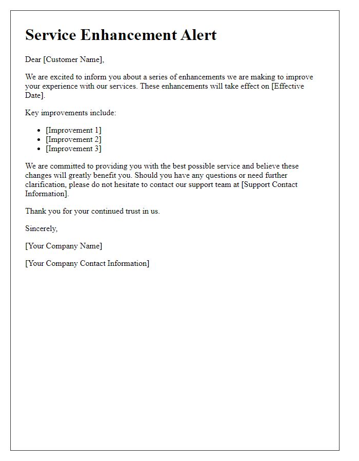 Letter template of service enhancement alert