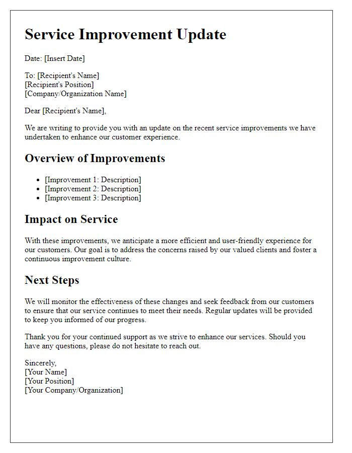 Letter template of service improvement update