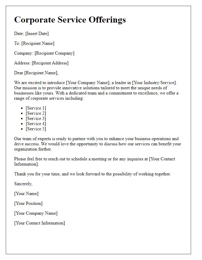 Letter template of corporate service offerings for business introductions