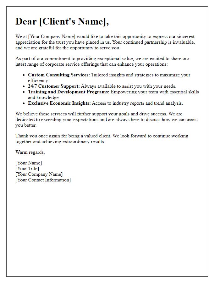 Letter template of corporate service offerings for client appreciation