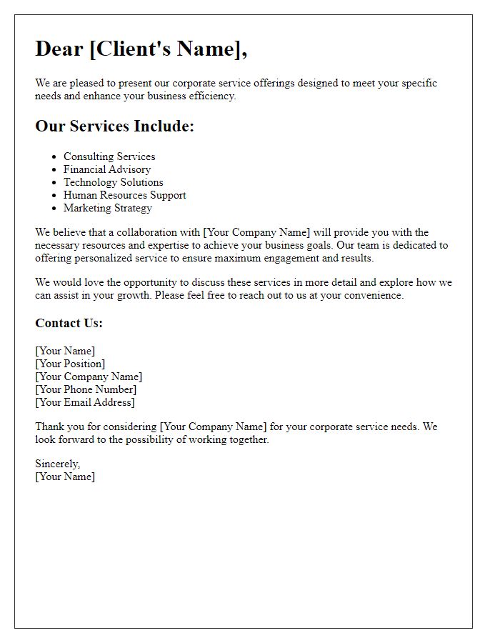 Letter template of corporate service offerings for client engagement