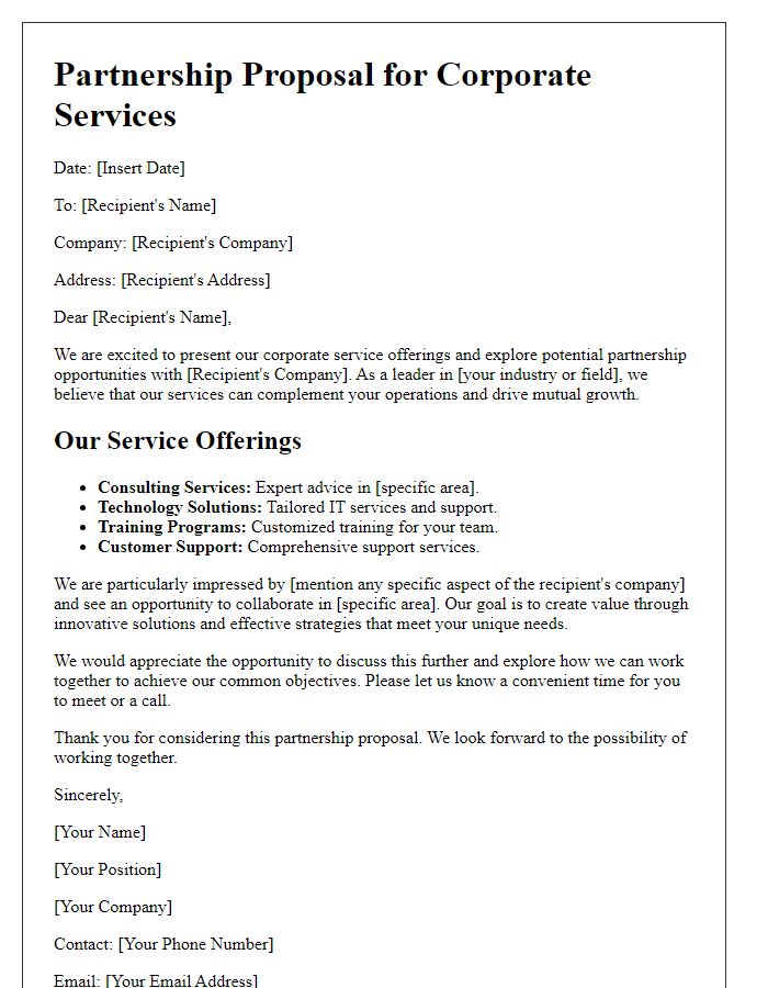 Letter template of corporate service offerings for partnership proposals