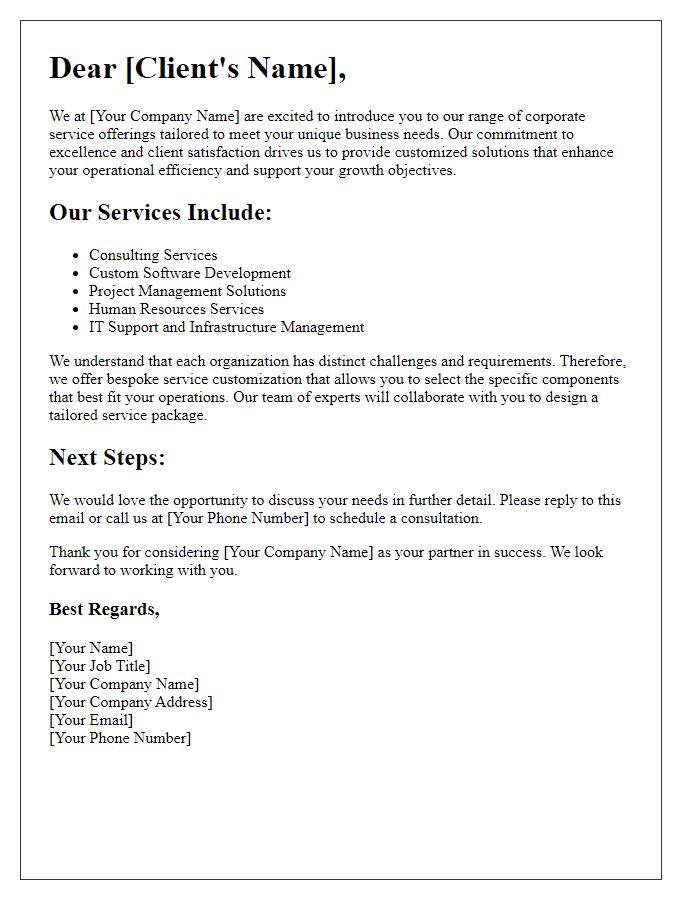 Letter template of corporate service offerings for service customizations