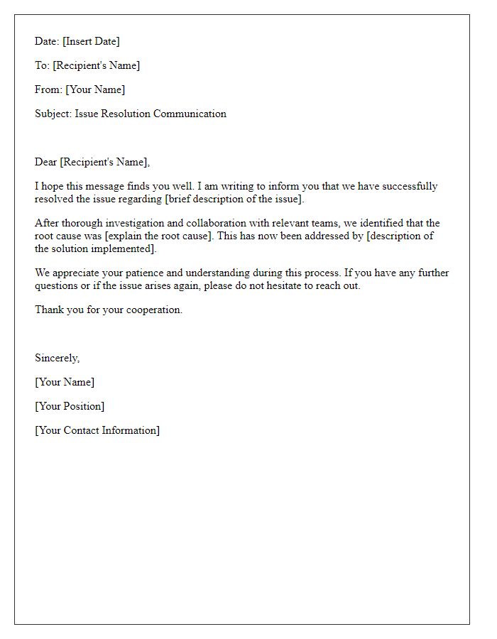 Letter template of issue resolution communication