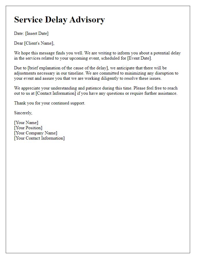 Letter template of service delay advisory for event planning