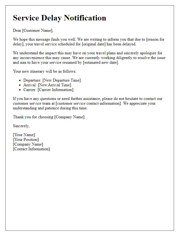 Letter template of service delay notification for travel-related services