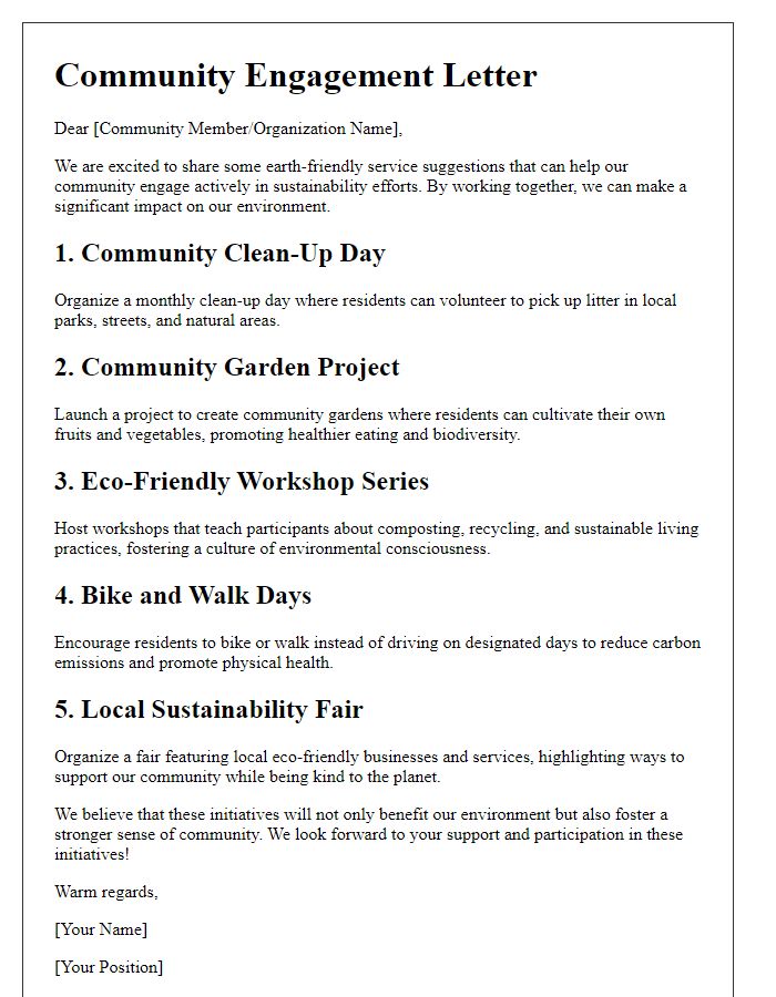 Letter template of earth-friendly service suggestions for community engagement.