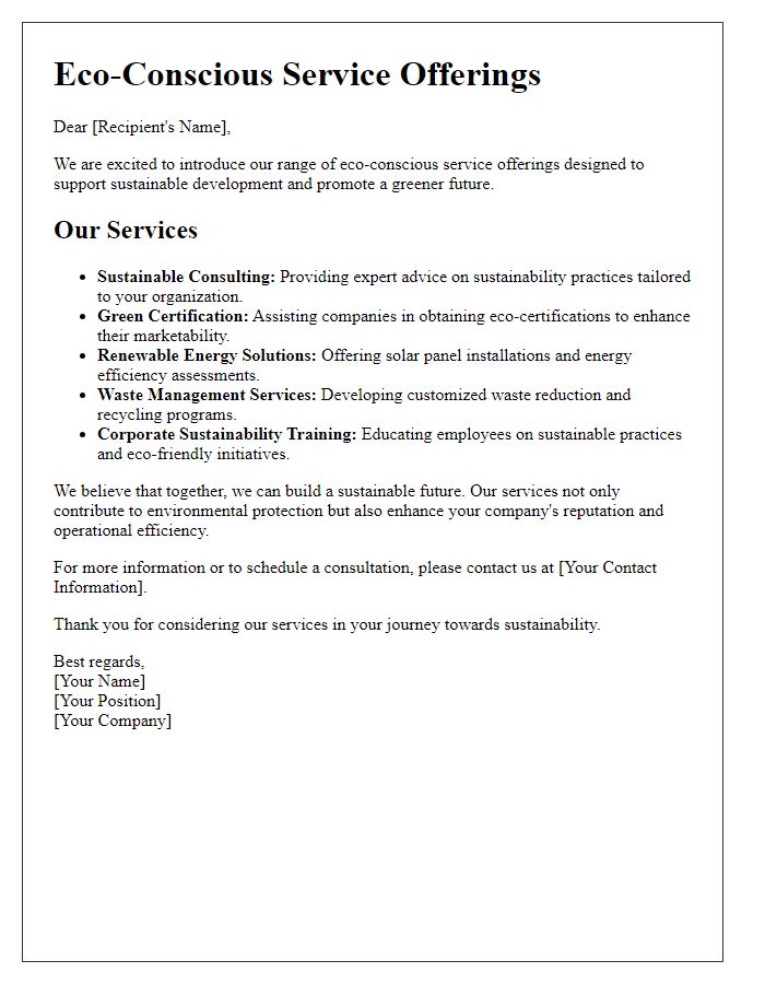 Letter template of eco-conscious service offerings for sustainable development.