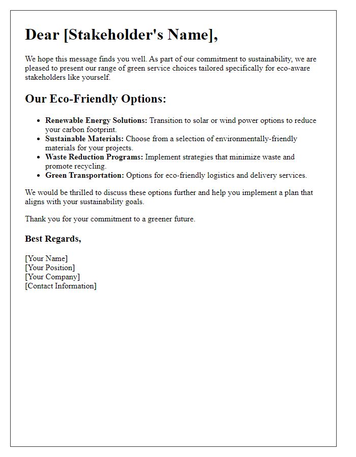 Letter template of green service choices tailored for eco-aware stakeholders.