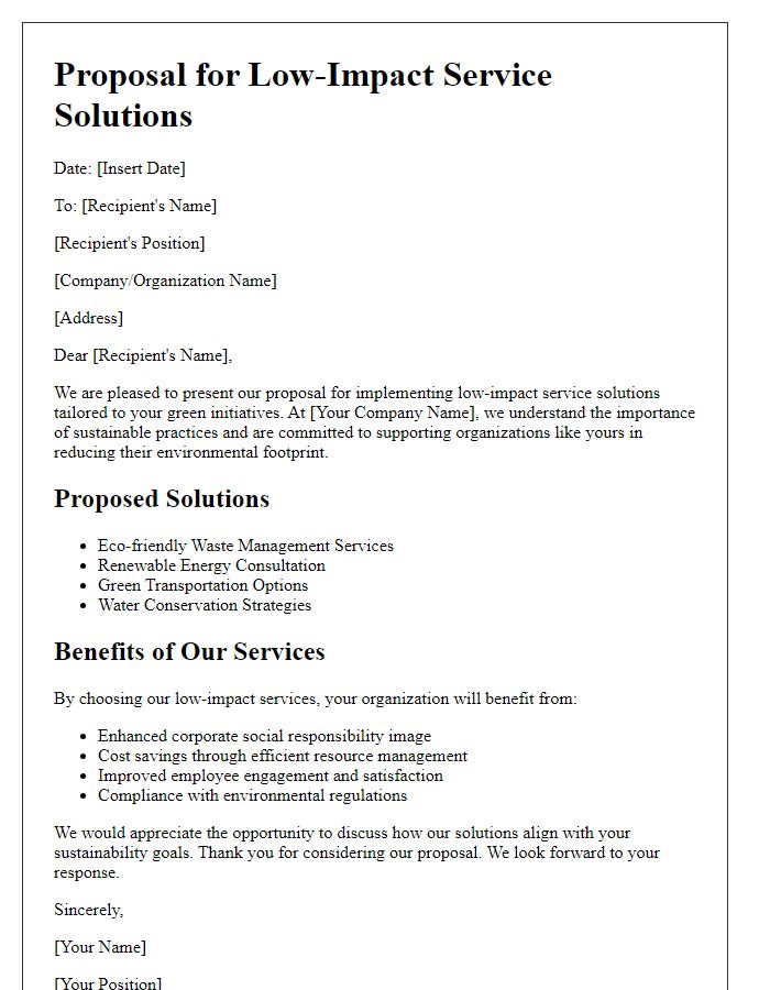 Letter template of low-impact service solutions for green initiatives.