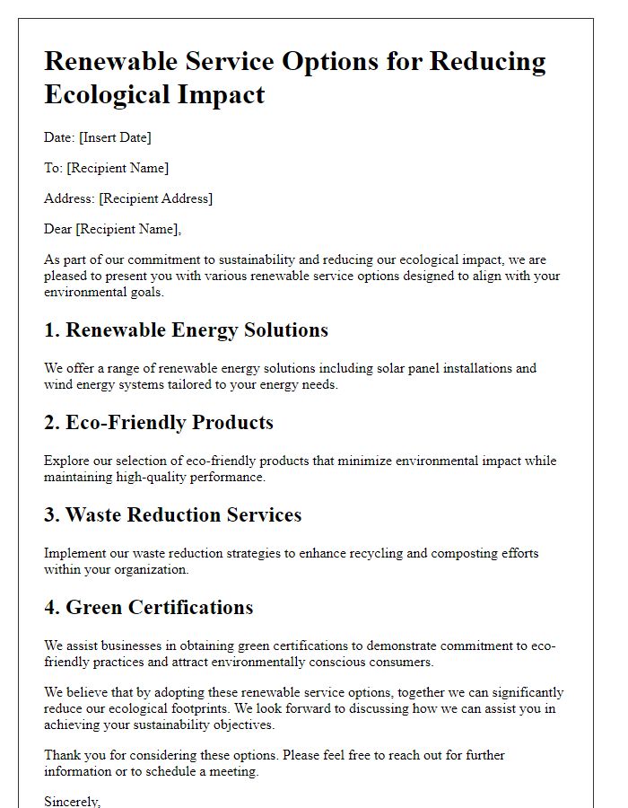 Letter template of renewable service options for reducing ecological impact.