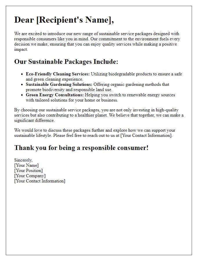 Letter template of sustainable service packages for responsible consumers.