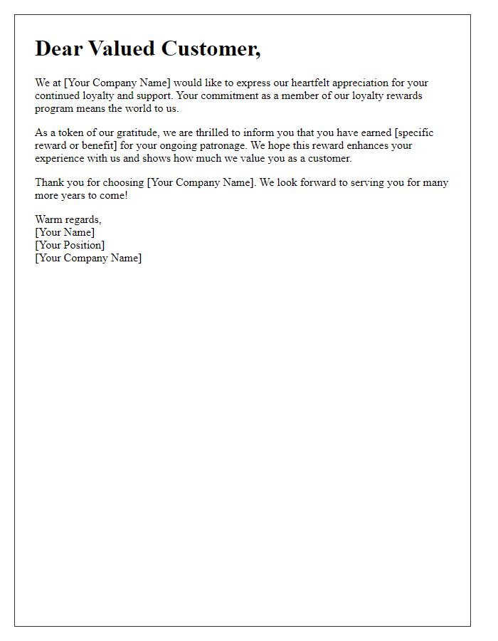 Letter template of customer appreciation for loyalty rewards