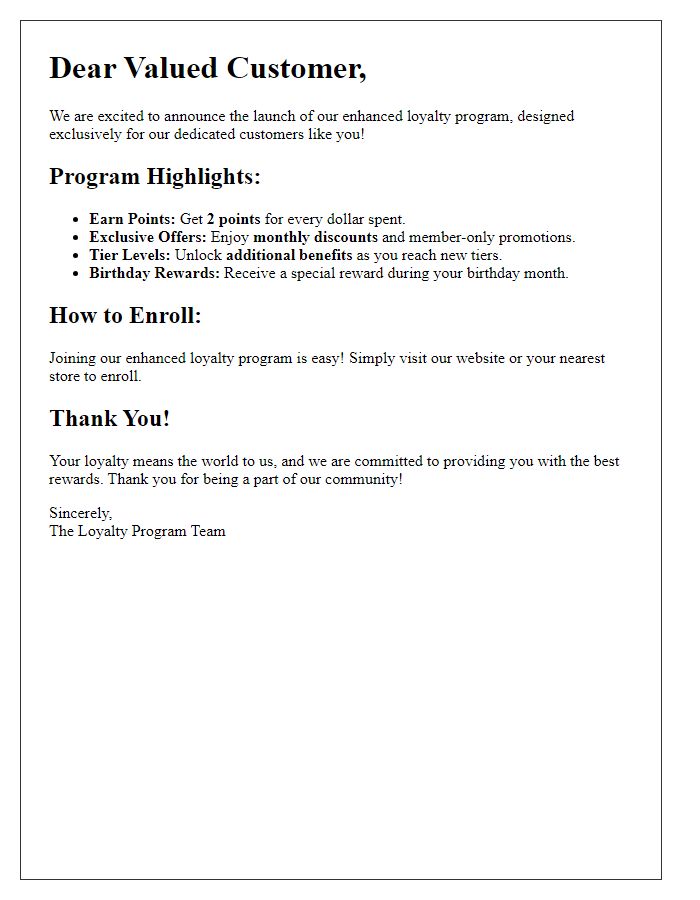 Letter template of enhanced loyalty program details for customers