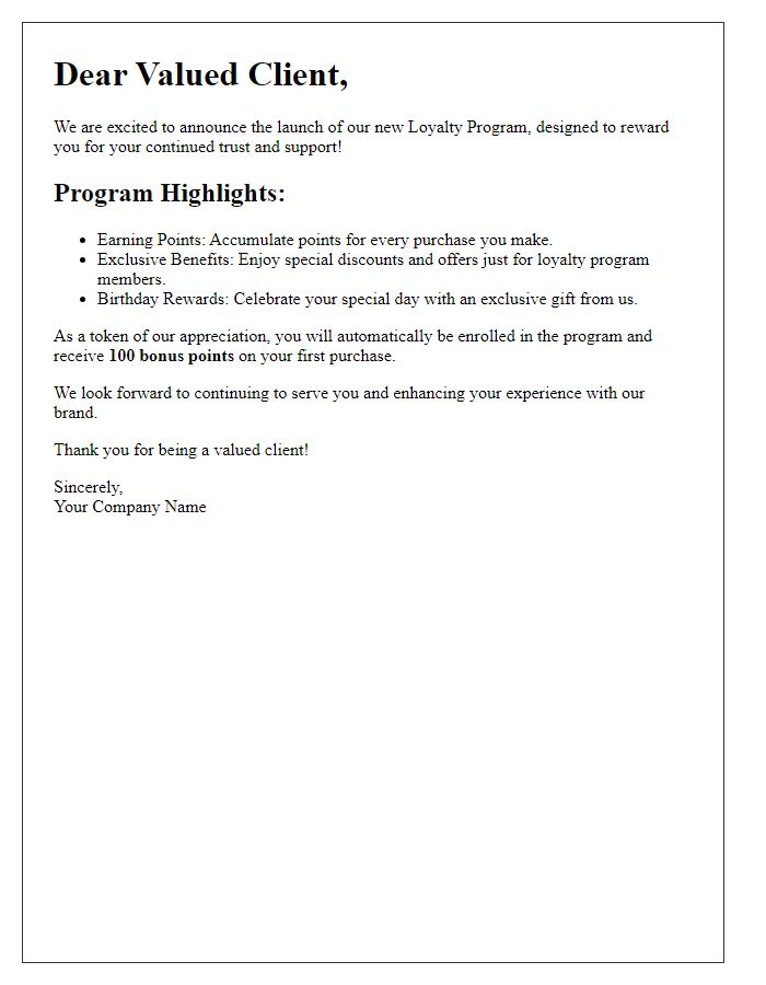 Letter template of loyalty program announcement for valued clients