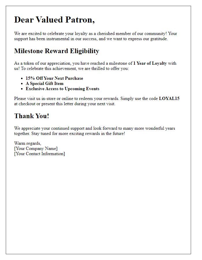 Letter template of milestone rewards for loyal patrons