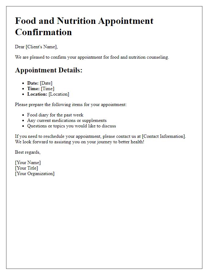 Letter template of Food and Nutrition Appointment Planning