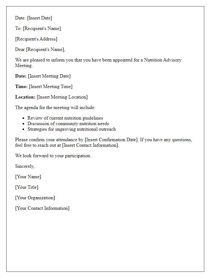 Letter template of Nutrition Advisory Meeting Appointment