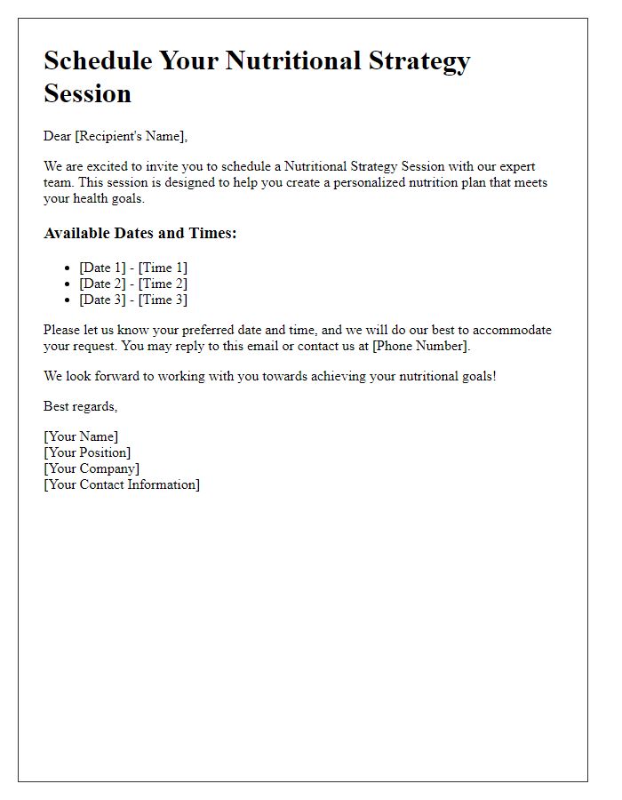 Letter template of Nutritional Strategy Session Scheduling