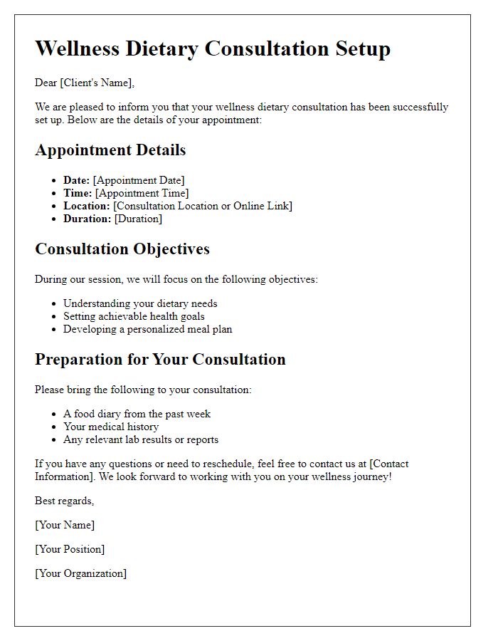 Letter template of Wellness Dietary Consultation Setup