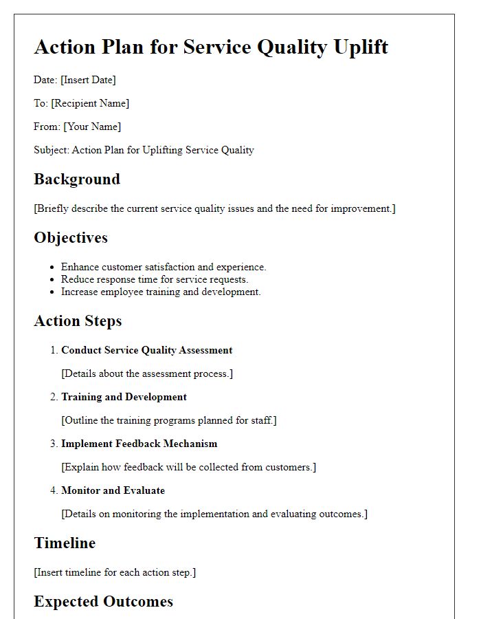 Letter template of action plan for service quality uplift