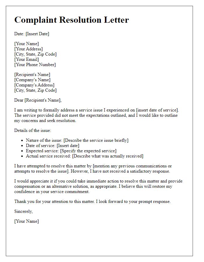 Letter template of complaint resolution for service issues