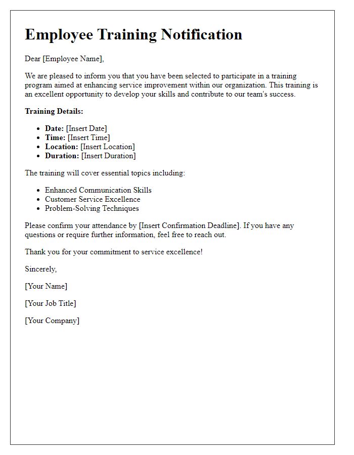 Letter template of employee training for service improvement