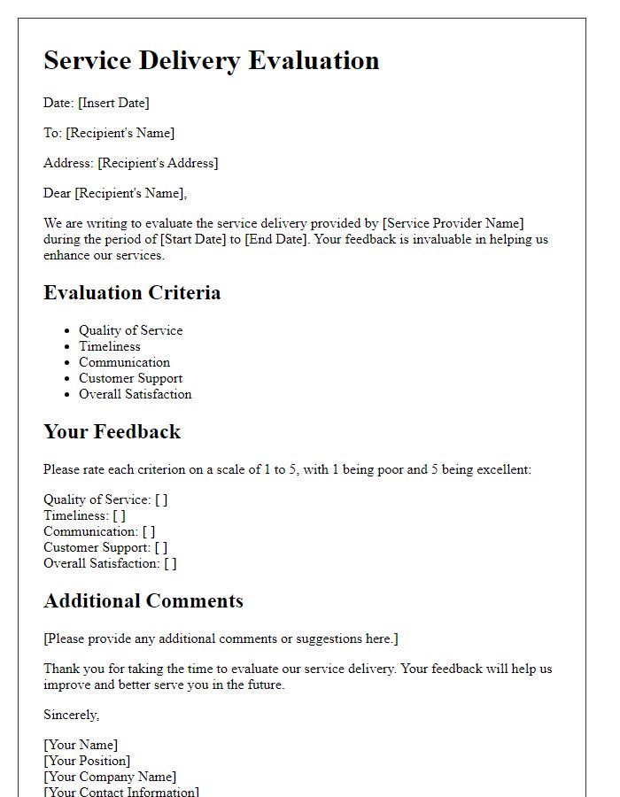 Letter template of service delivery evaluation