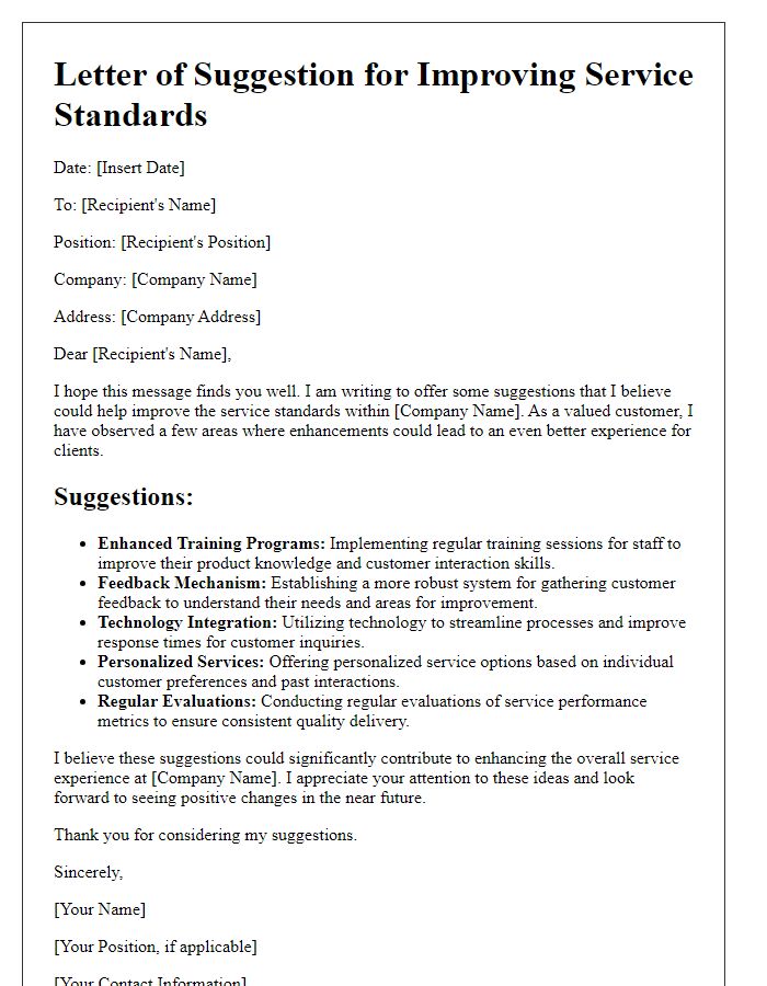 Letter template of suggestions for improving service standards