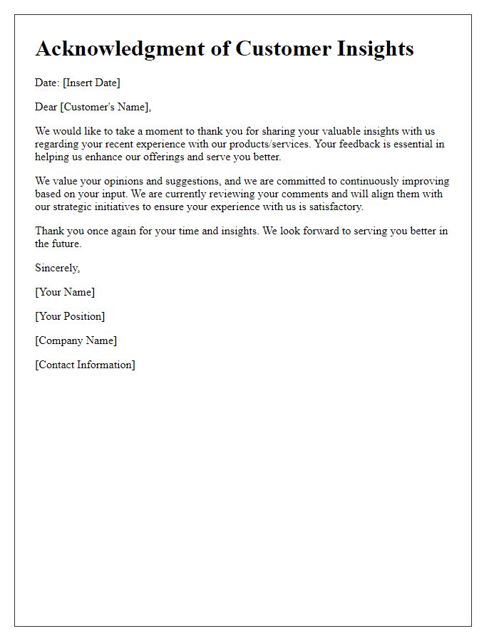 Letter template of acknowledgment for customer insights.