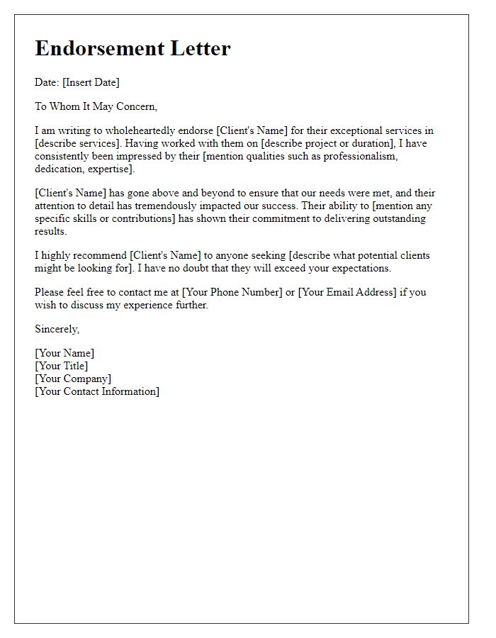 Letter template of endorsement for client testimonials.