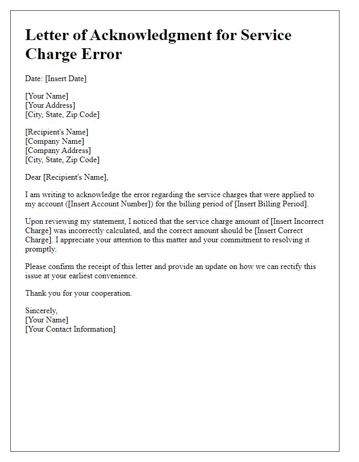 Letter template of acknowledgment for service charge error