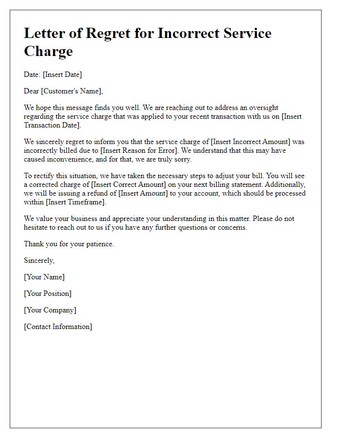 Letter template of regret for incorrect service charge