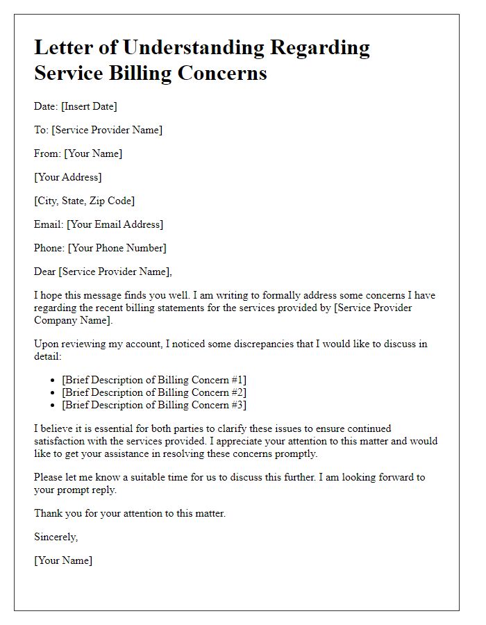 Letter template of understanding regarding service billing concerns