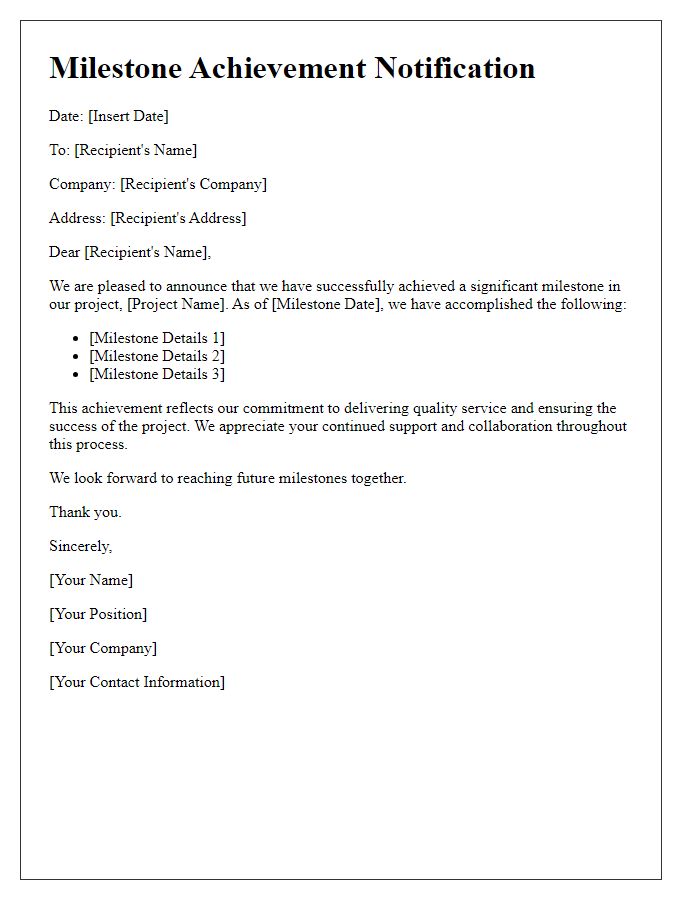 Letter template of project service milestone achievement