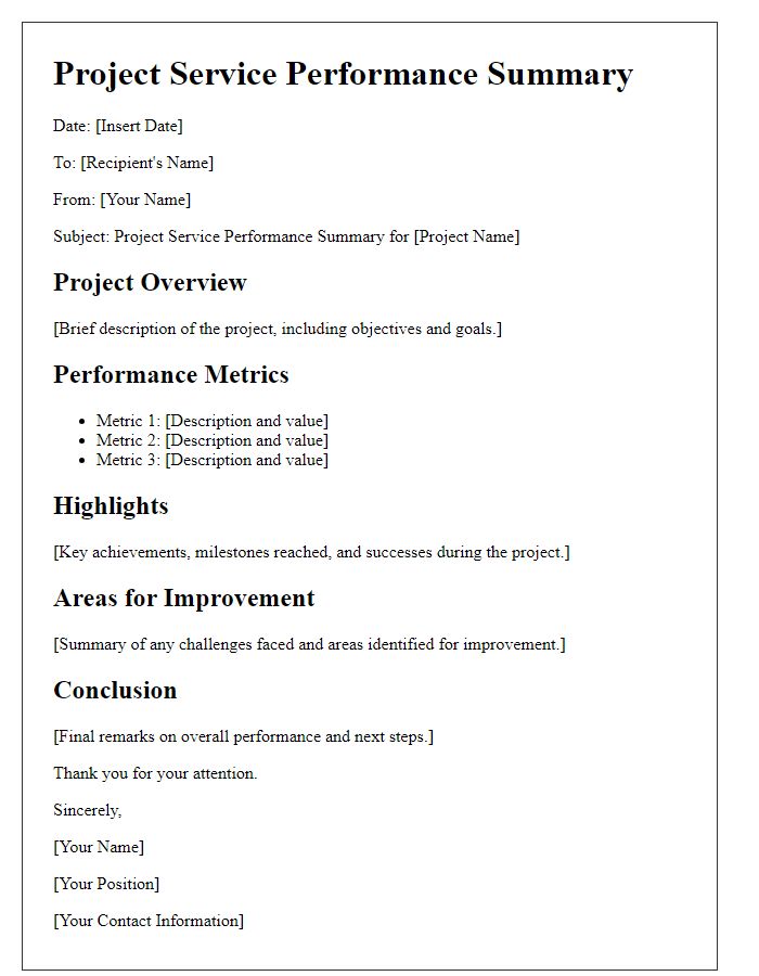 Letter template of project service performance summary