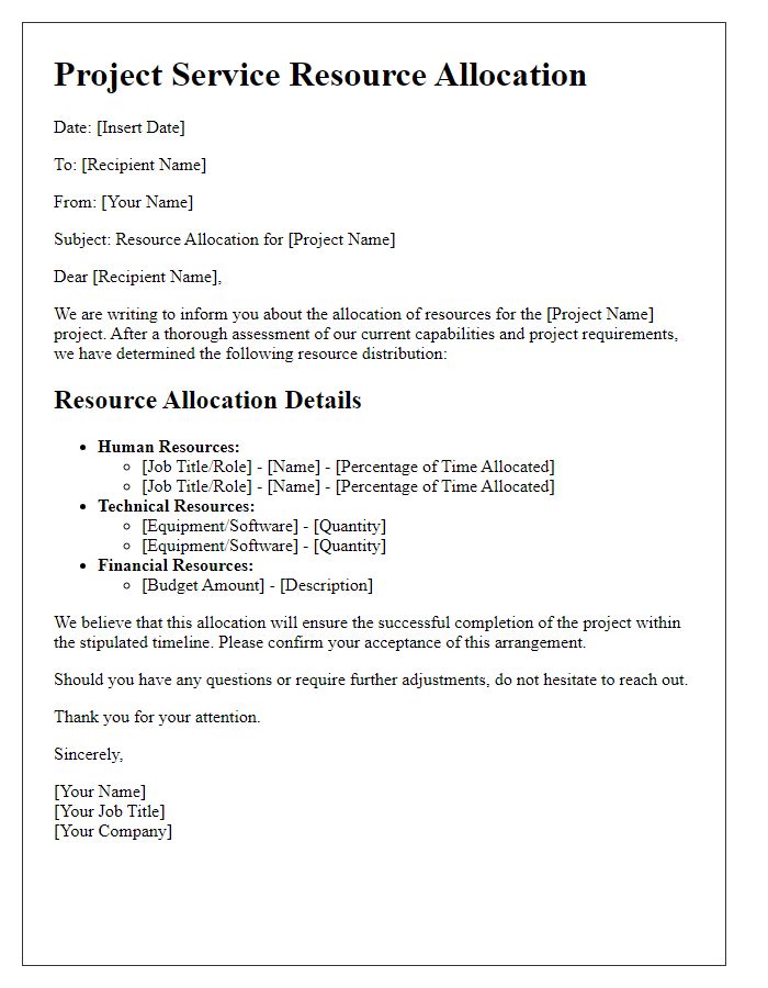 Letter template of project service resource allocation