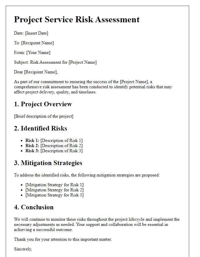 Letter template of project service risk assessment