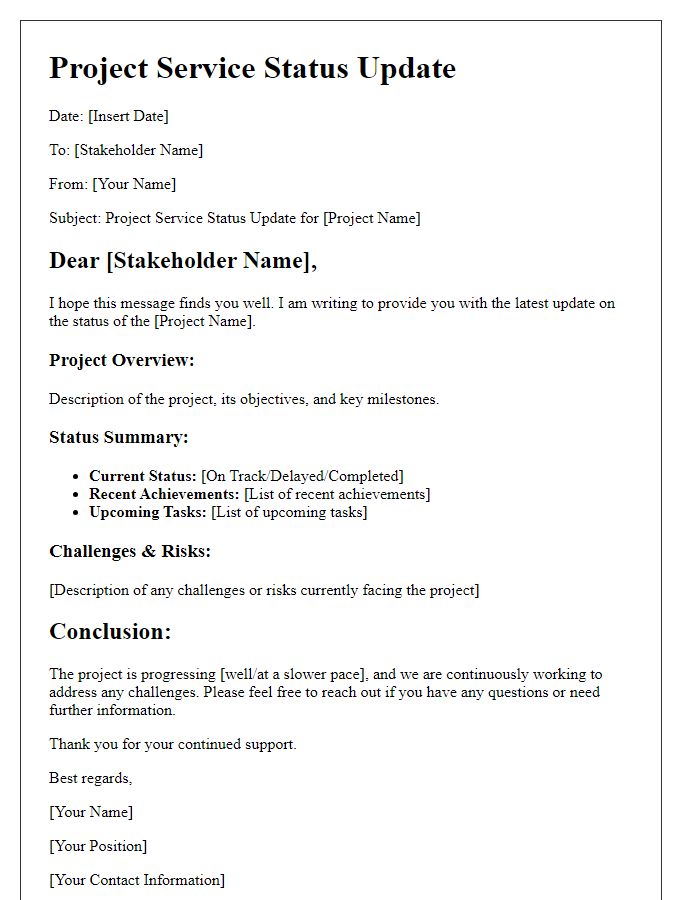 Letter template of project service status update