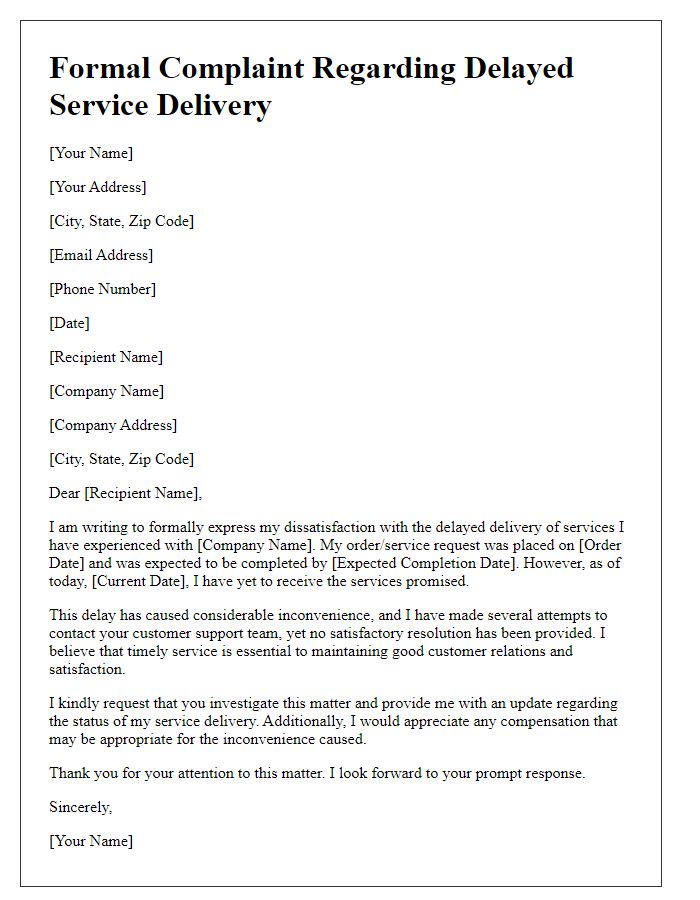 Letter template of formal service complaint about delayed service delivery.