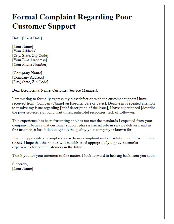 Letter template of formal service complaint addressing poor customer support.