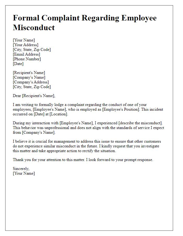 Letter template of formal service complaint concerning employee misconduct.