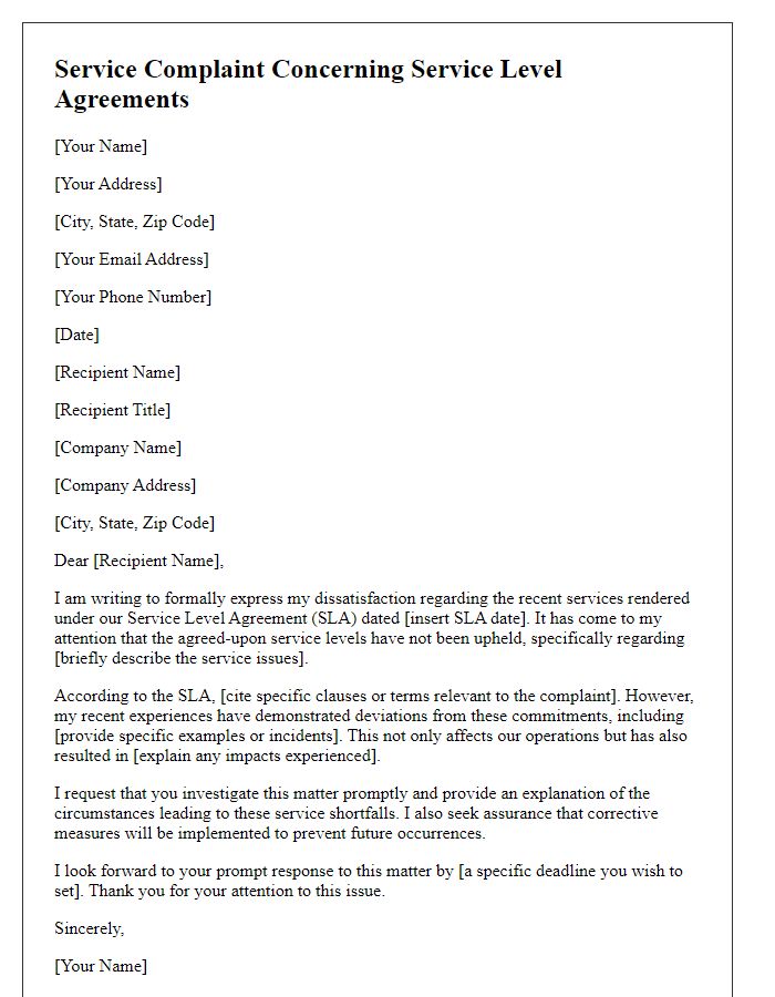 Letter template of formal service complaint focused on service level agreements.